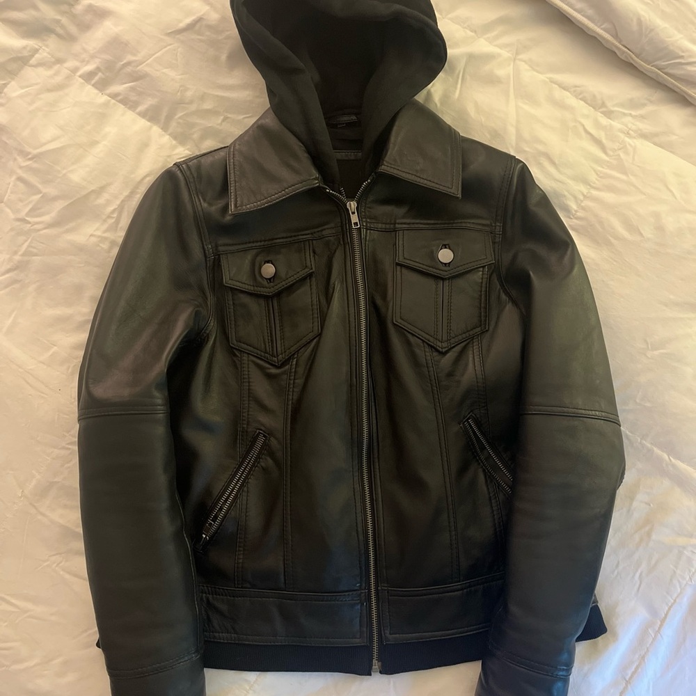 Women's Black Leather Jacket with Hood